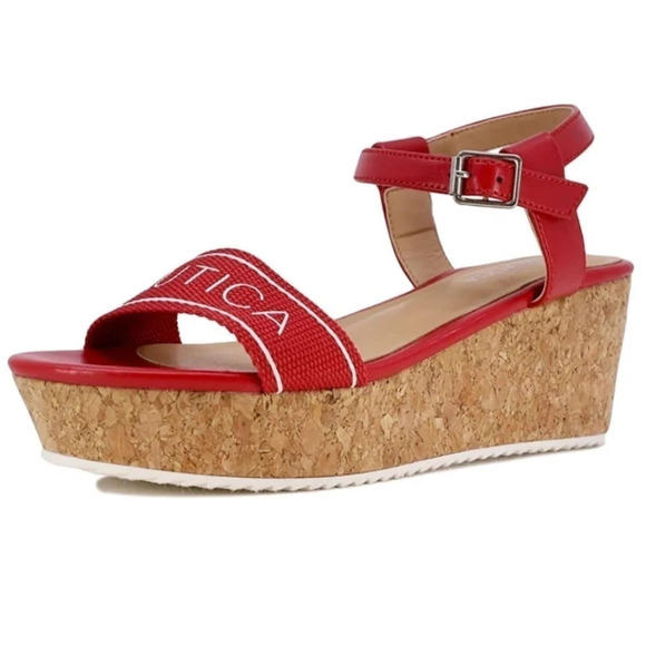 Nautica NWOB Women's Red & White Cork Platform Wedge Sandals Size 10 - Picture 1 of 10